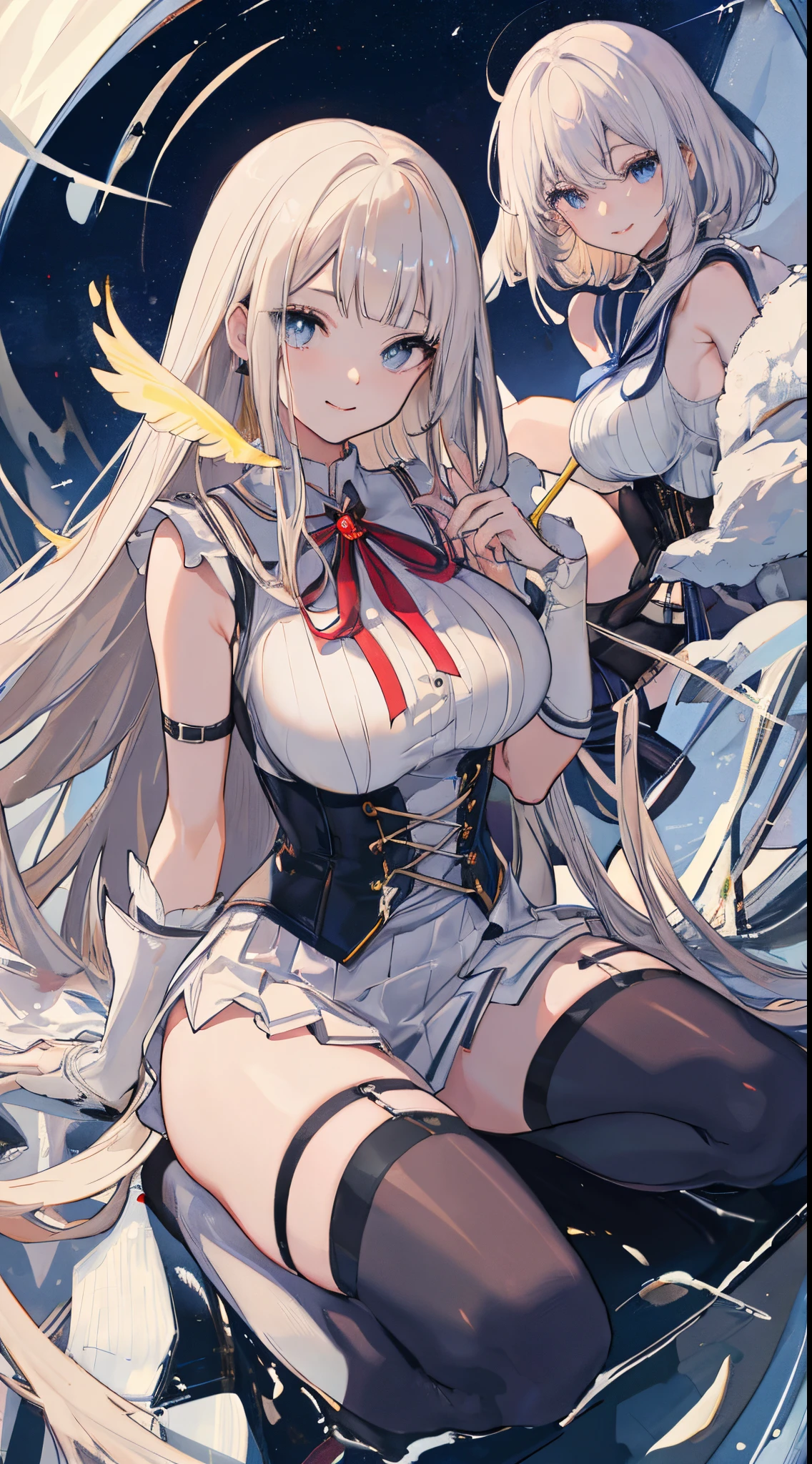 top-quality、realistic touch,high-detail、photoRealstic、Long body、captive beauty、big eye、Colossal tits、Strong platinum blonde eyelashes、platinum-blond、full body Esbian、Sparkling eyes、Submissive smile、Flushed cheeks、Kamimei、thin-waist、Voluptuous thighs、Enraptured look、Raked bangs、The forehead is protruding、Tight sailor uniform、thigh-high socks、sleeveless、Tight skirt with a large slit、A corset that emphasizes your breasts、Shoulder straps integrated with corset、
