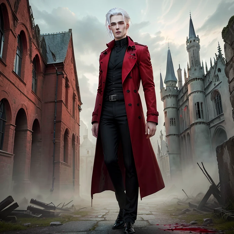 Full body picture of men ,sickly pale smile, Detailed body, Wearing a red trench coat and black shirt，blood-stained, Silver hair,Evil charm，Full body view of ancient spooky castle in background