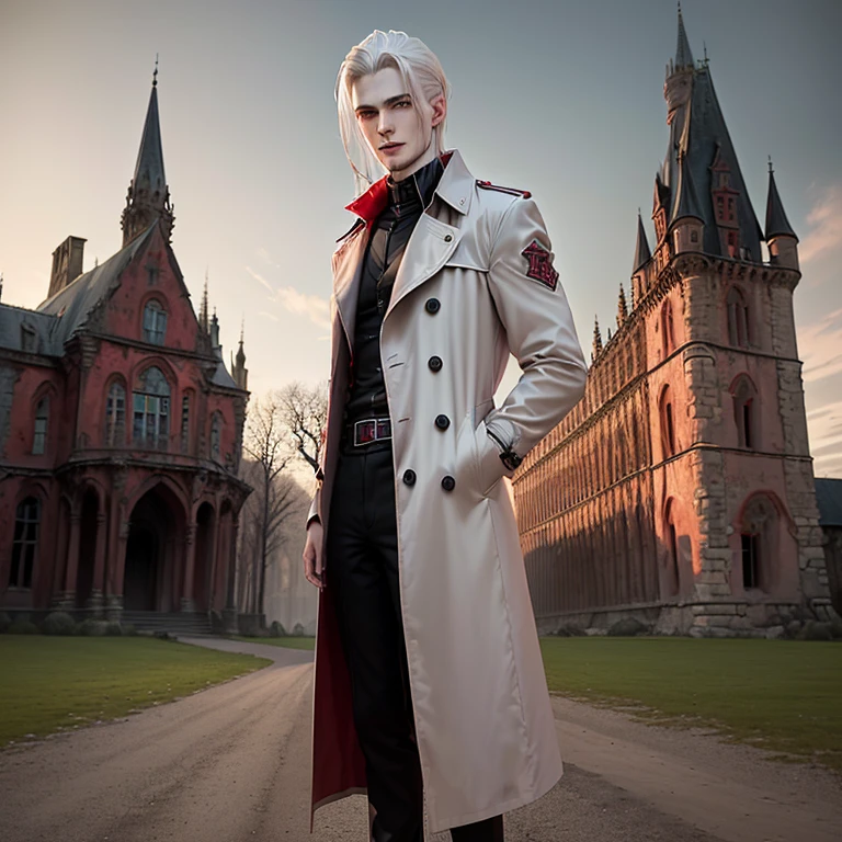 Full body picture of men ,sickly pale smile, Detailed body, Wearing a red trench coat and black shirt,blood-stained, Silver hair,Evil charm,Full body view of ancient spooky castle in background