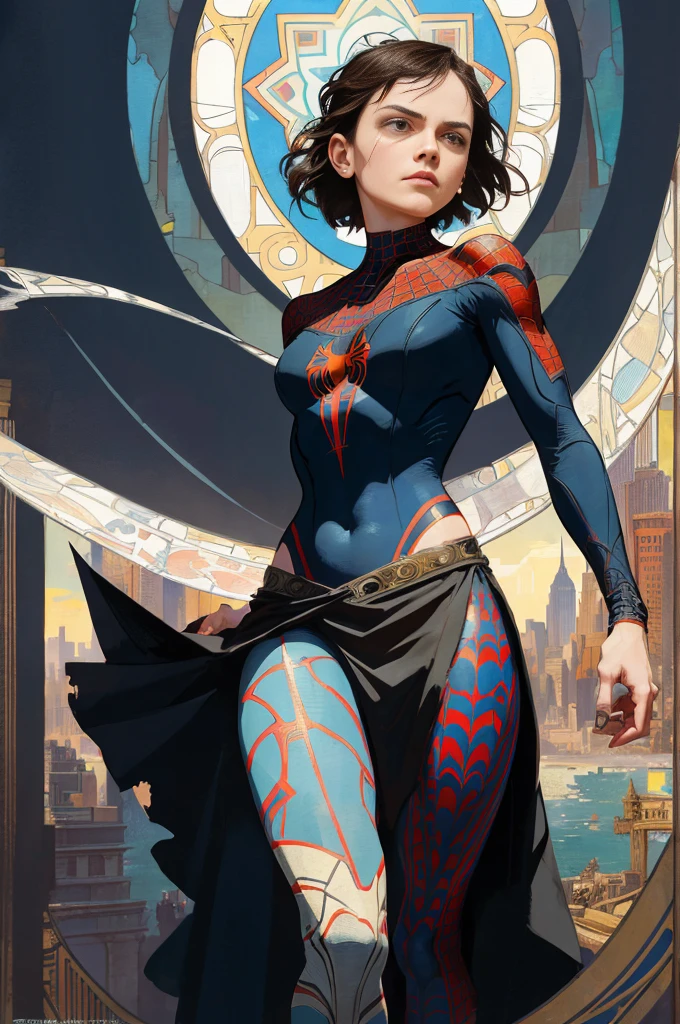 chloe grace moretz、Sticking out the navel、newyork、She wears a torn Spider-Man suit,wearing a skirt、abstract photorealistic、artistic、Alphonse Mucha's painting(masterpiece、highest quality、High resolution:1.4)、detailed、複雑なdetailed、In 4K、color splash、line drawing、fibonacci、