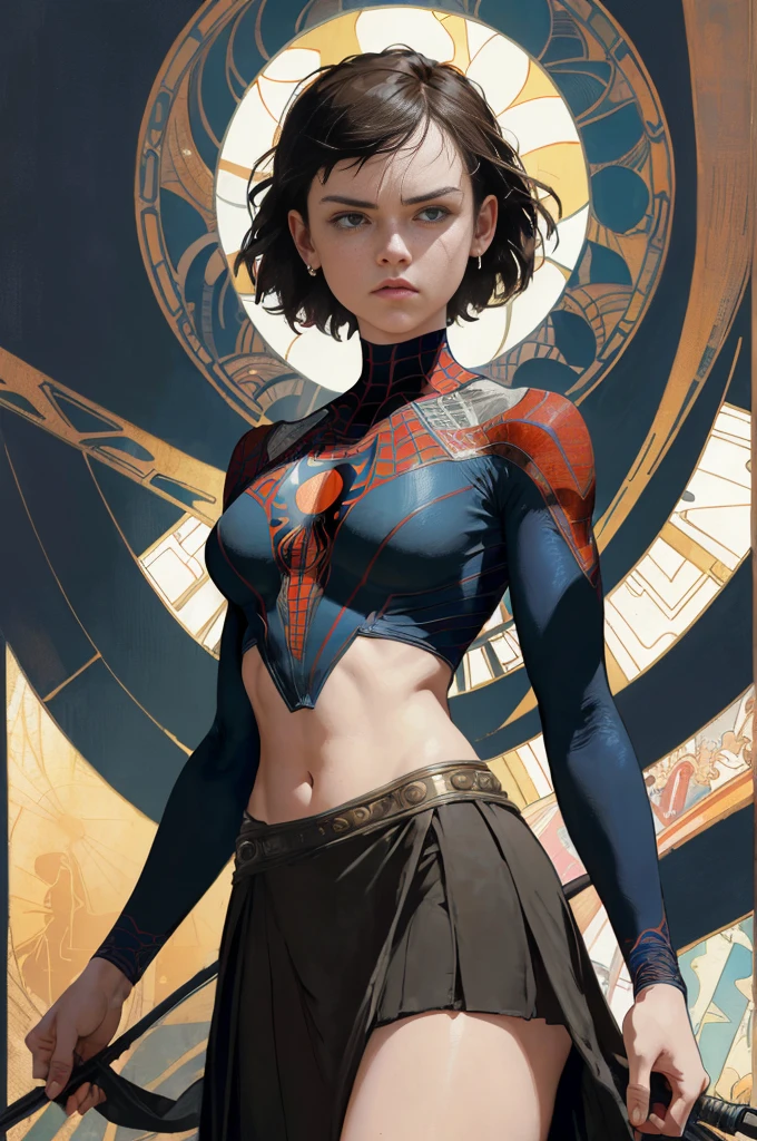 Daisy Ridley、Sticking out the navel、newyork、She wears a torn Spider-Man suit,wearing skirt、abstract photorealistic、artistic、Alphonse Mucha's painting(​masterpiece、top-quality、hight resolution:1.4)、detaileds、intricate-detail、4K、color splashes、line-drawing、Fibonacci、
