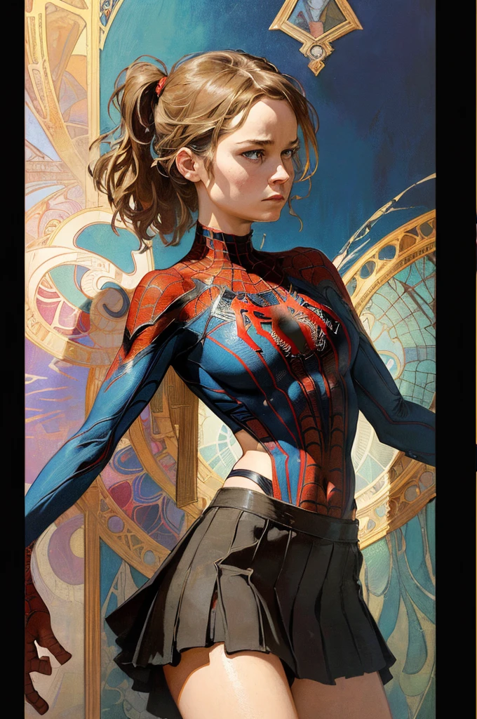 Jennifer Lawrence、Sticking out the navel、newyork、She wears a torn Spider-Man suit,wearing skirt、abstract photorealistic、artistic、Alphonse Mucha's painting(​masterpiece、top-quality、hight resolution:1.4)、detaileds、intricate-detail、4K、color splashes、line-drawing、Fibonacci、