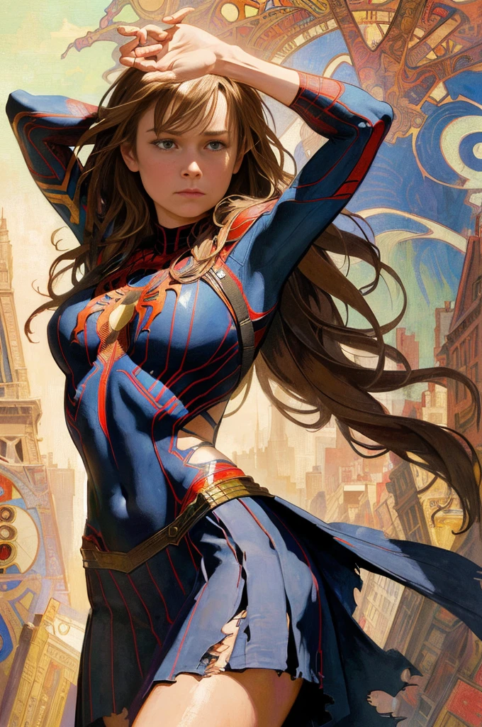 Olivia Wilde、Sticking out the navel、newyork、She wears a torn Spider-Man suit,wearing skirt、abstract photorealistic、artistic、Alphonse Mucha's painting(​masterpiece、top-quality、hight resolution:1.4)、detaileds、intricate-detail、4K、color splashes、line-drawing、Fibonacci、