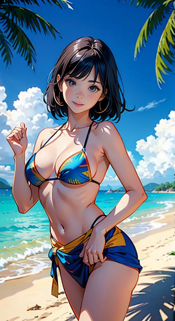 ​masterpiece、top-quality、超A high resolution、 [ 4 k digital art ]!!、 8k high quality detailed art、Wallpaper、 Detailed Digital Anime Art、Realisticity、Cinema Angle、hposing Gravure Idol、1 beautiful girl、cute  face、 ((Detailed depiction of a beautiful face))、kindly smile、年轻、Bikini swimwear、Photorealistic perfect body、(Bold ethnic patterns wrapped around the waist and skirt and plenty of primary colors)、light Particle、llight rays、Tropical、Against the background of palm trees、beach side、on a sunny beach、Against the background of the sea、blur backgroun、