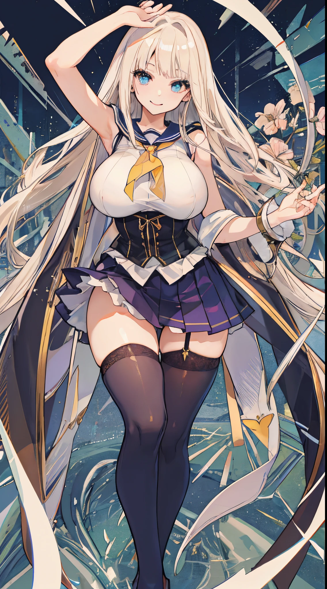 top-quality、realistic touch,high-detail、photoRealstic、Long body、captive beauty、big eye、Colossal tits、Strong platinum blonde eyelashes、platinum-blond、full body Esbian、Sparkling eyes、Submissive smile、Flushed cheeks、Kamimei、thin-waist、Voluptuous thighs、Enraptured look、Raked bangs、The forehead is protruding、Tight sailor uniform、thigh-high socks、sleeveless、Tight skirt with a large slit、A corset that emphasizes your breasts、Shoulder straps integrated with corset、