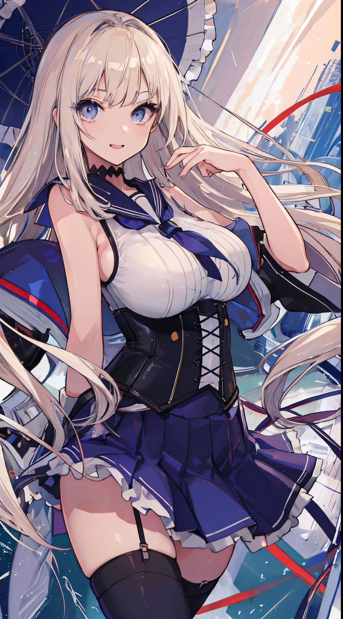 top-quality、realistic touch,high-detail、photoRealstic、Long body、captive beauty、big eye、Colossal tits、Strong platinum blonde eyelashes、platinum-blond、full body Esbian、Sparkling eyes、Submissive smile、Flushed cheeks、Kamimei、thin-waist、Voluptuous thighs、Enraptured look、Raked bangs、The forehead is protruding、Tight sailor uniform、thigh-high socks、sleeveless、Tight skirt with a large slit、A corset that emphasizes your breasts、Shoulder straps integrated with corset、