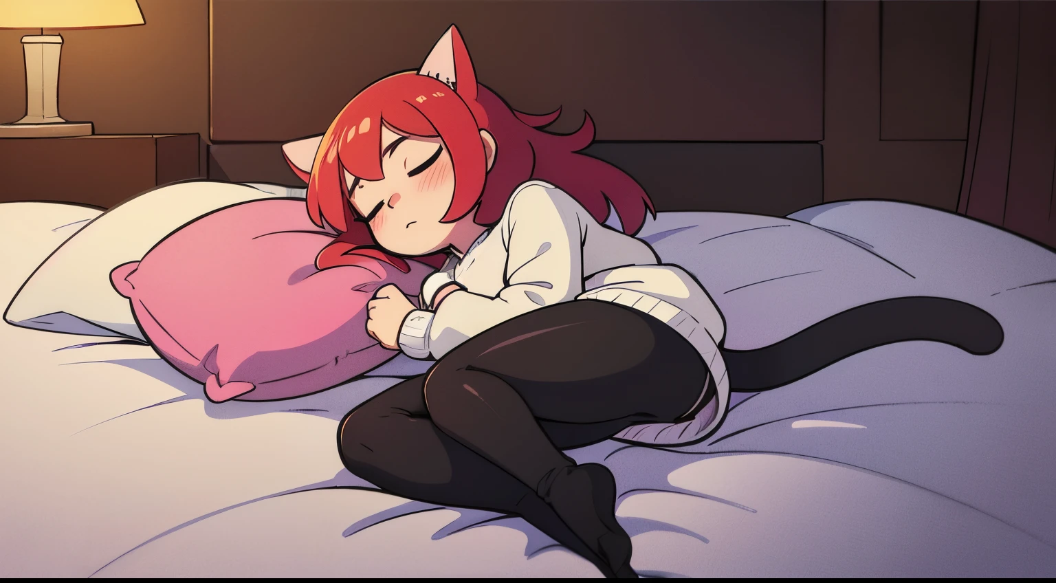 A cat, a girl, sleeping, full body
