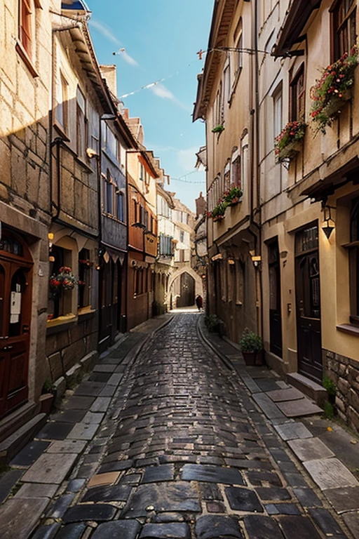 incandescent lighting, vibrant colors, detailed architecture, narrow streets, medieval town, cobblestone roads, ancient walls, traditional houses, charming atmosphere, picturesque scenery, Gothic influence, warm tones, cultural heritage, architectural details, vibrant red rooftops, historic landmarks, narrow alleys, sunlit squares, panoramic views, tranquil ambiance, unique charm, timeless beauty