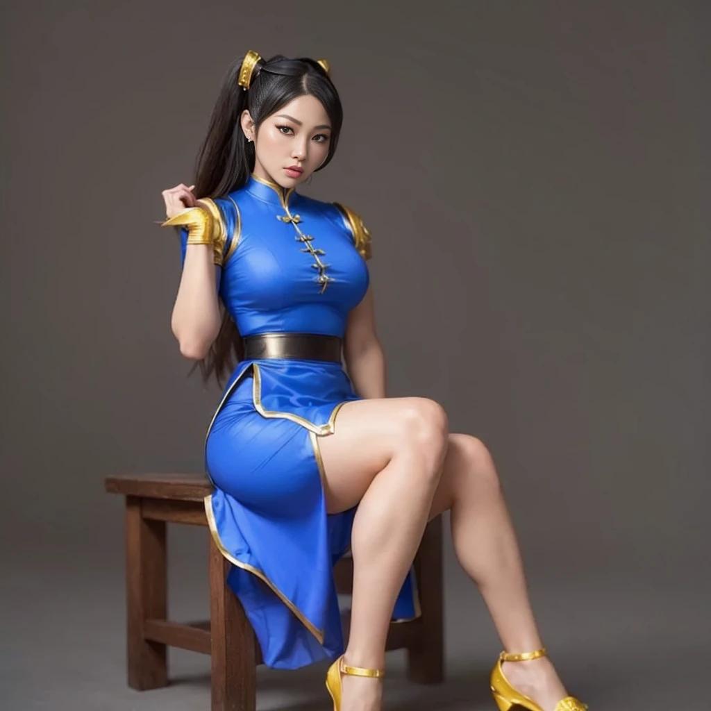 "CHUN-LI" (best quality,ultra-detalhado,Realistic:1.37),retrato,Detailed eyes and facial features, Serious expression,olhos castanhos,textura de pele delicada e suave,Corpo Perfeito