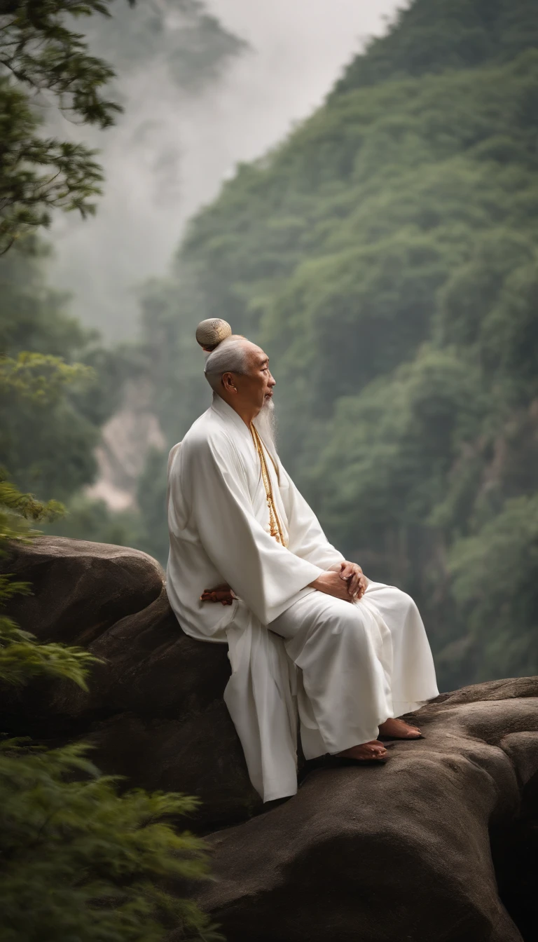 Taoist priests have immortal demeanor,Sitting on the stone in white clothes,forest backgrou