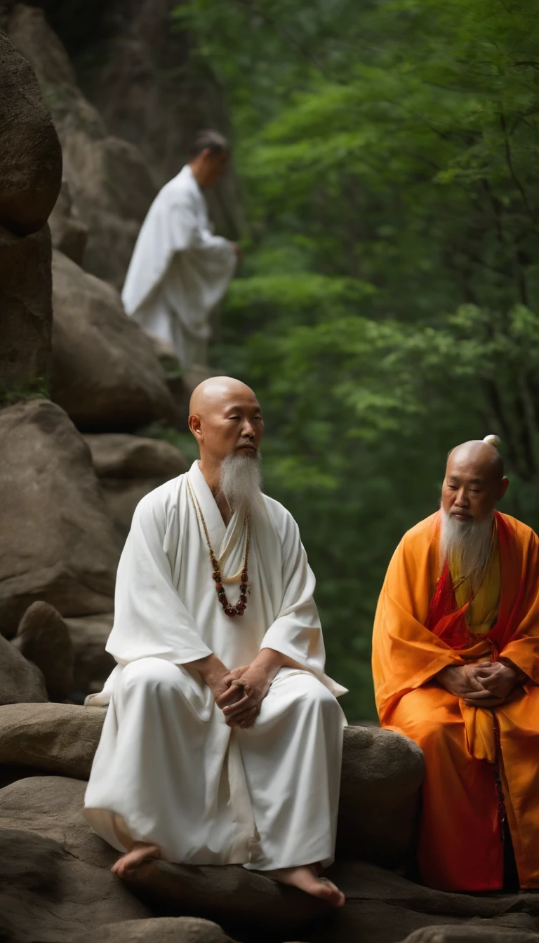 Taoist priests have immortal demeanor,Sitting on the stone in white clothes,forest backgrou