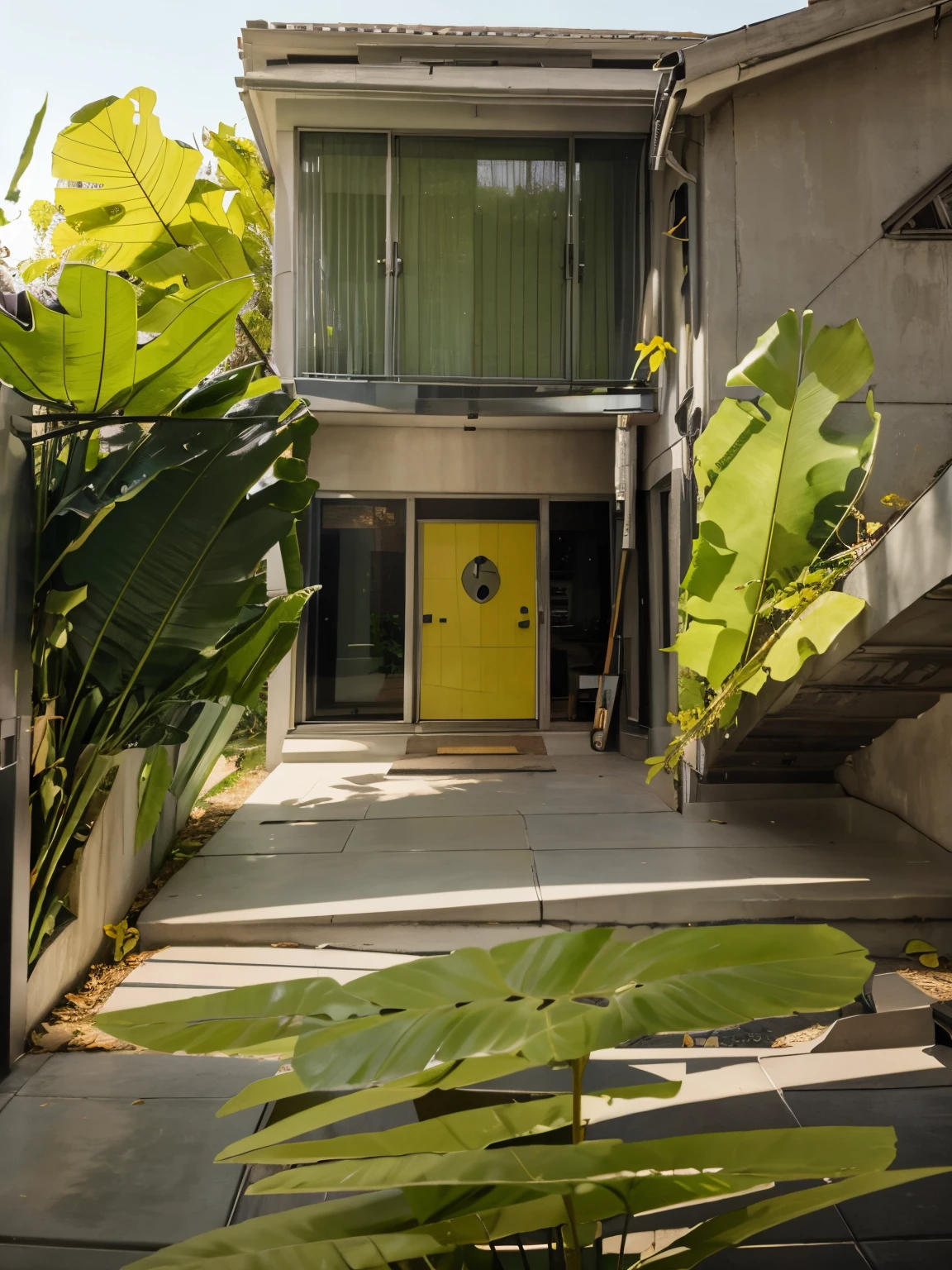rendering of a house with 2 blocks, renderin aluminum doors, ventilation with yellow leaves