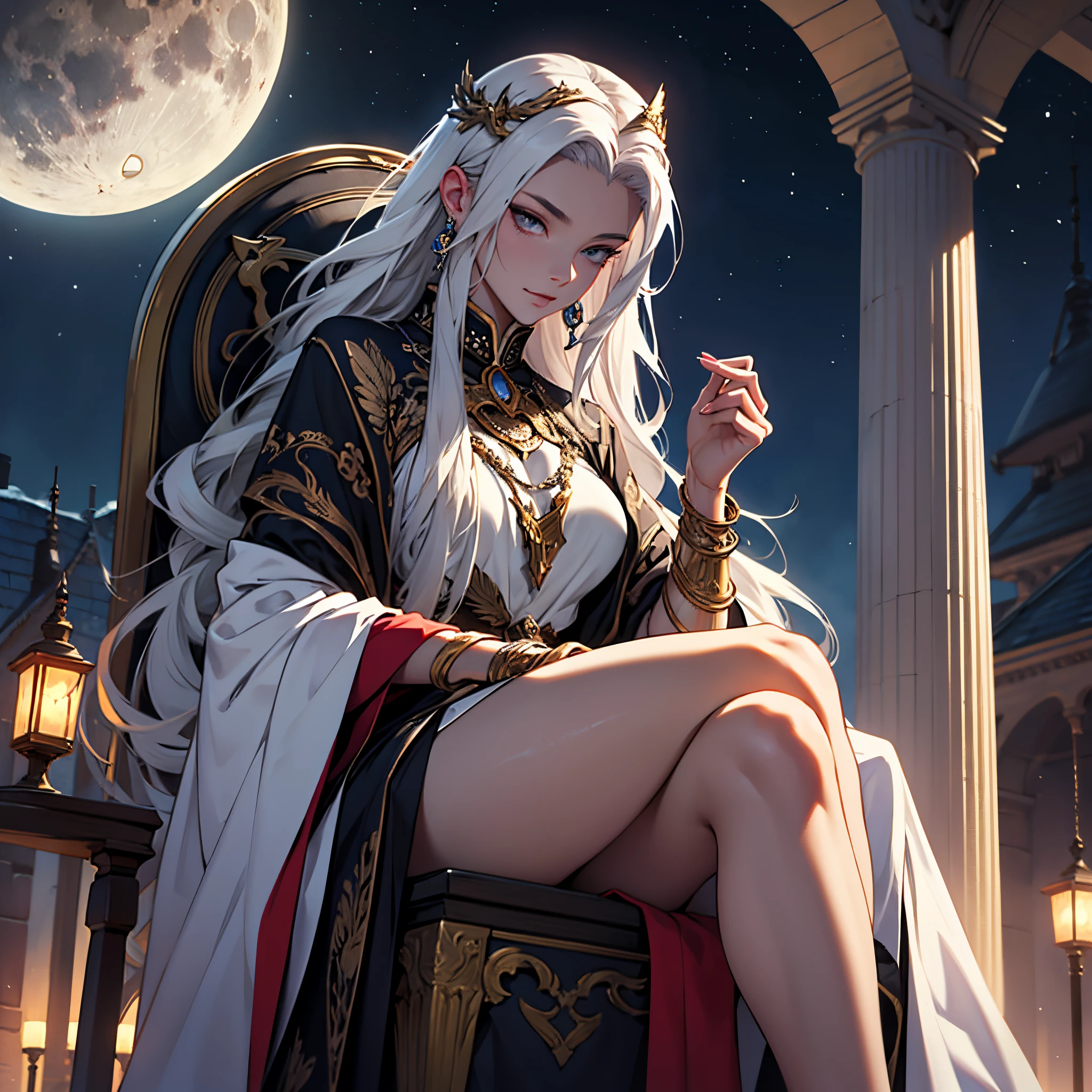 masterpiece, Best Quality, 4k, upper body close up, Background with: Sitting on a throne under the crescent moon on a polar night, Very detailed, Valkari goddess with very white skin, Medusa with silver hair falling down to her feet........,
