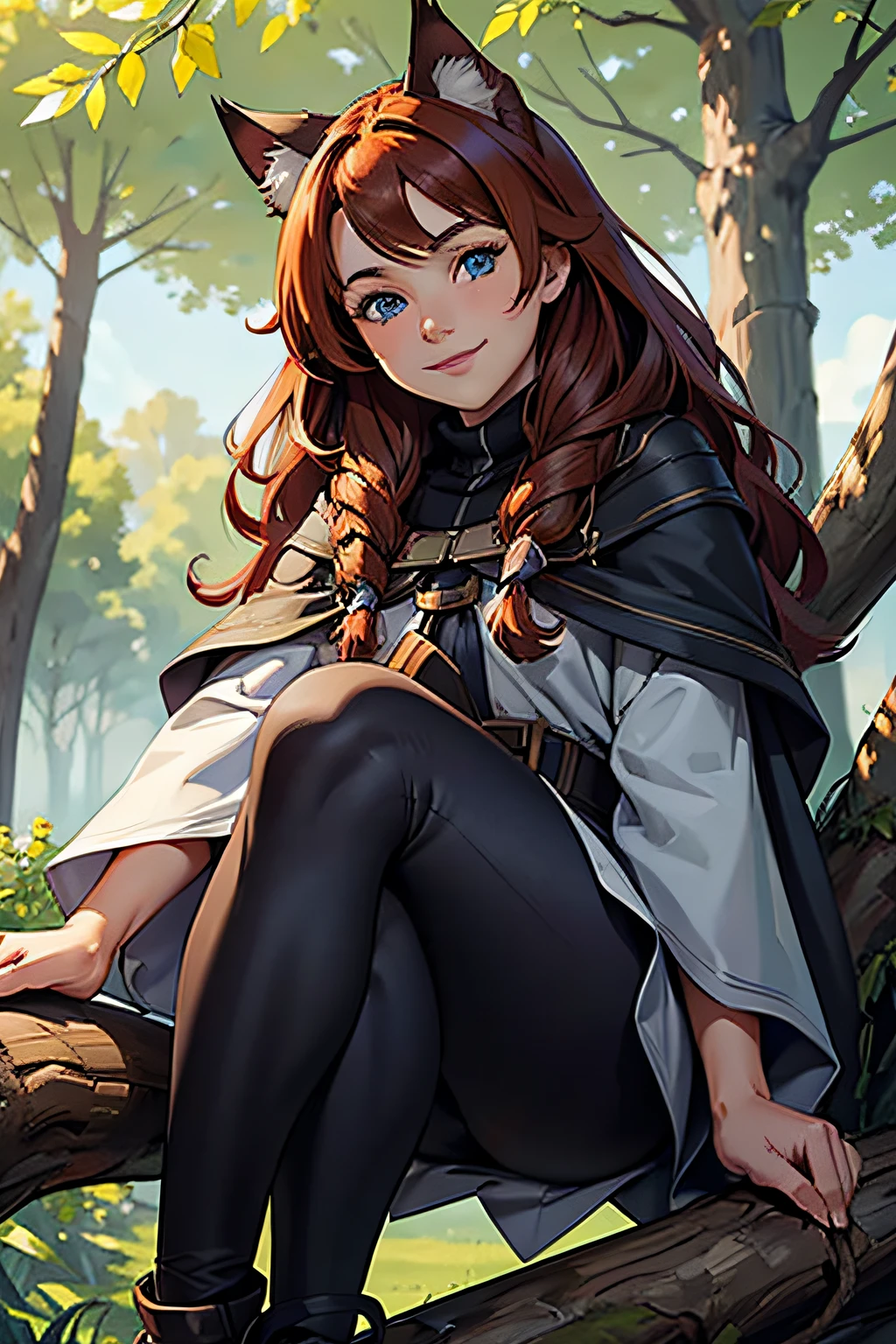 14 years old, girl, long auburn hair, flowing auburn hair, cat ears, blue eyes, oversized grey poncho, leggings, smiling sweetly, masterpiece, high quality, siting high in a tree
