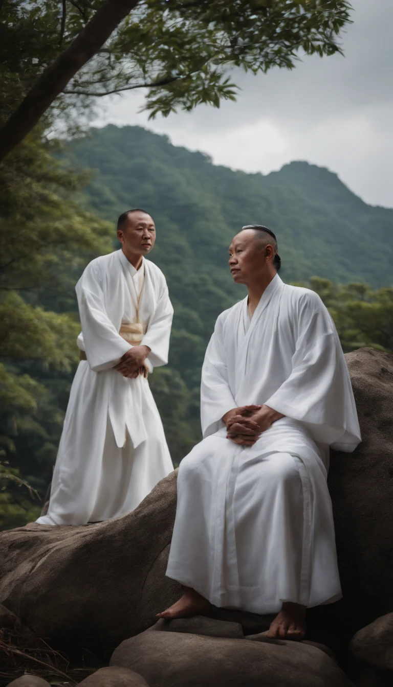 Taoist priests have immortality，Sitting on the stone in white clothes，Face the camera，forest backgrou