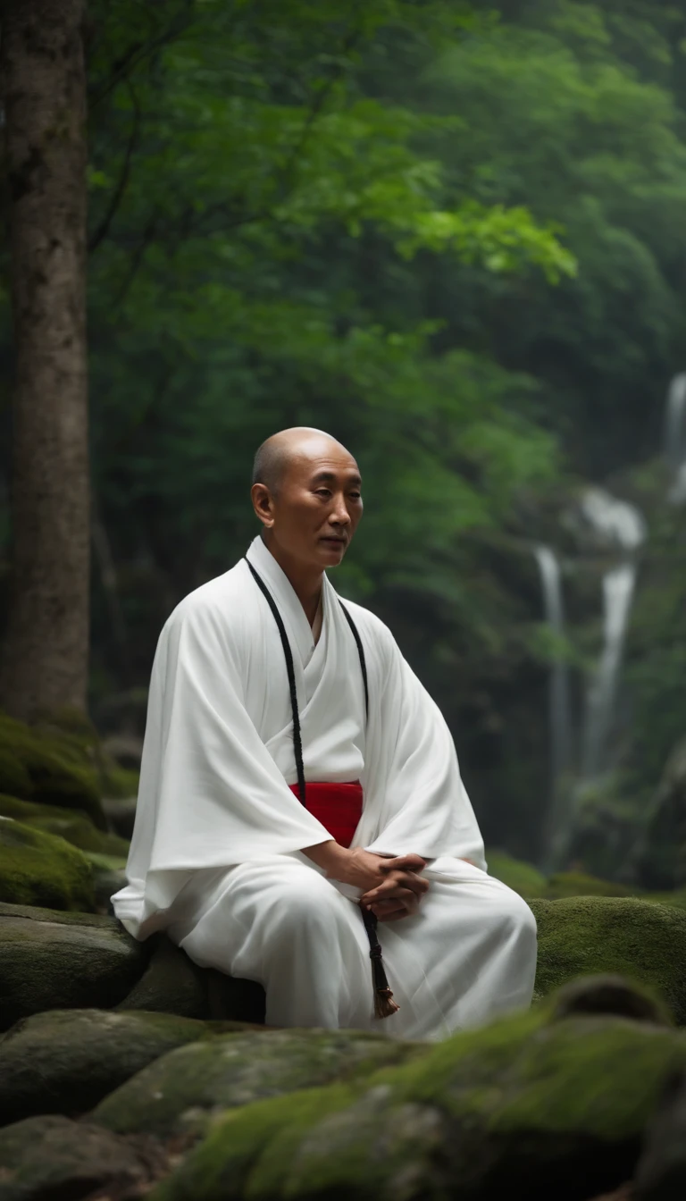 Taoist priests have immortality,Sitting on the stone in white clothes,Face the camera,forest backgrou