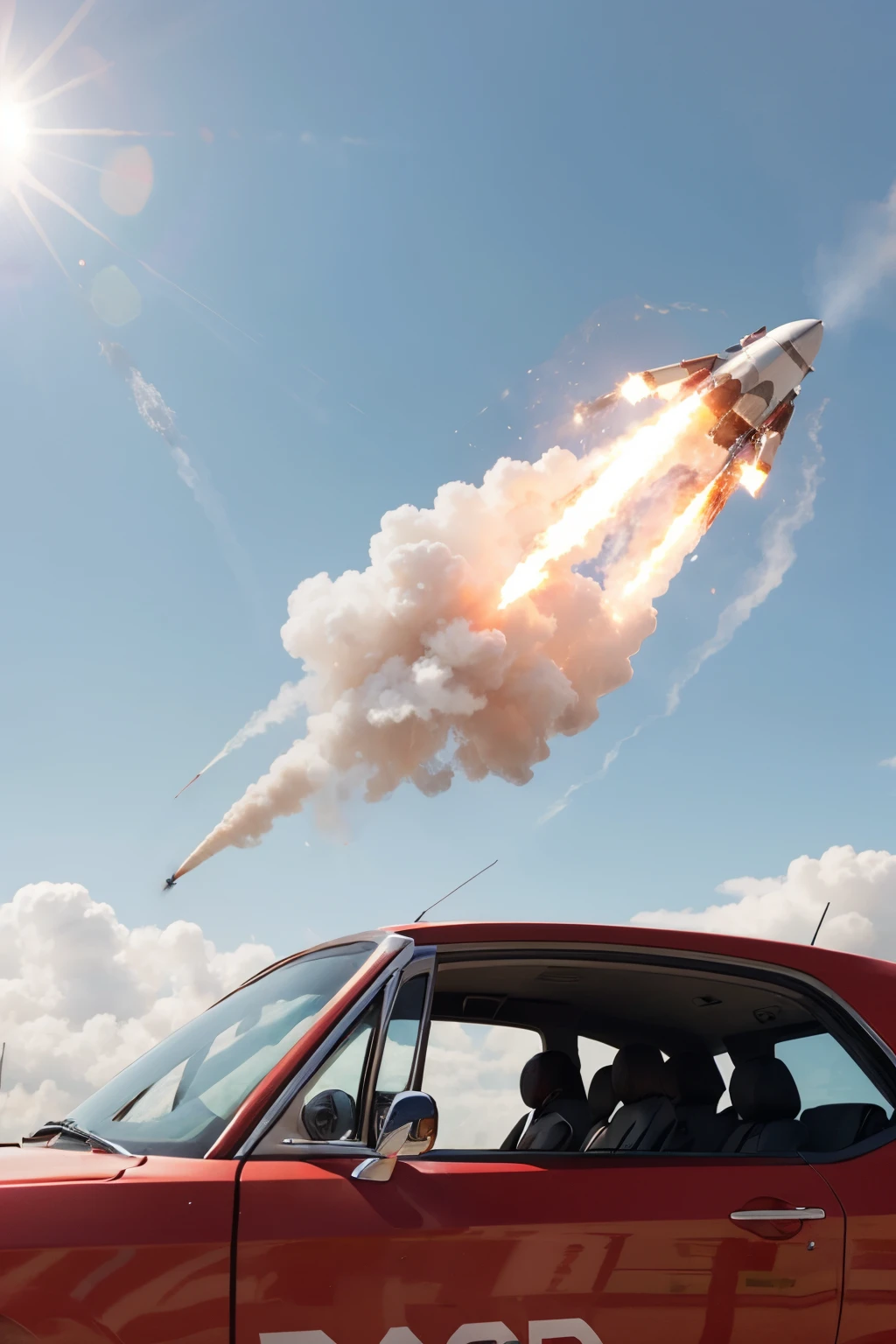 hyper realistic, rocket starts from car, sunny background, rocket red and white, smoke,