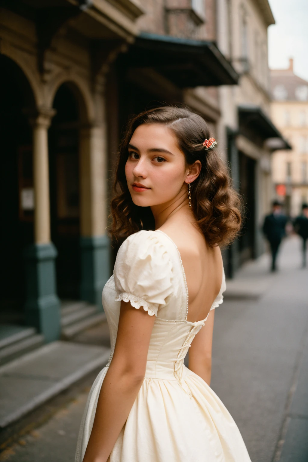 (a closeup of a beautiful 15-year-old girl on a 19th century street in a vintage dress), (Serious:0.5), (Highly detailed face:1.4), ass pov, Nikon D850, film stock photograph, 4 Kodak Portra 400, camera f1.6 lens, saturated colors, hyper realistic, lifelike texture, dramatic lighting, Cinestill 800, 19th-century Victorian style, Evening, Vintage lighting, Medium curly hair