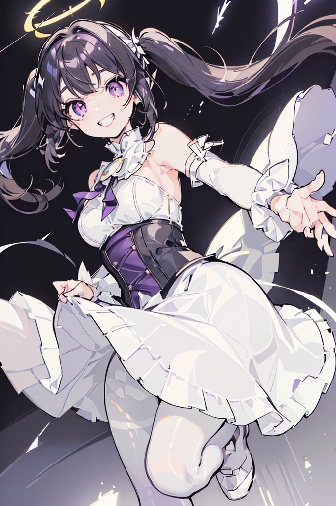 (solo, dynamic pose, bust up, flying, white skirt, white pantyhose black hair, twintails, white skirt, corset, halo, delicate face,  girl, medium breast, round eyes, wing on the waist, purple eyes, god ray, smile with grin, happy:1.4)