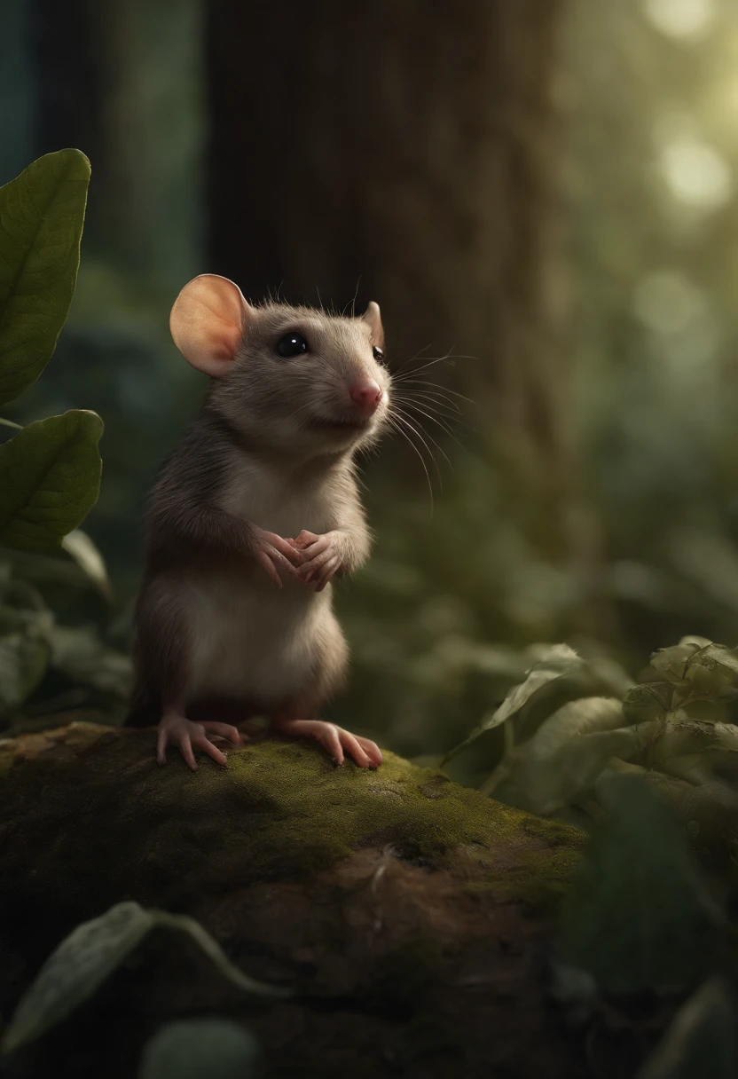 真实感, Realism, Cute alien creatures，  A small rat stands near a tree, adorable digital painting, fantasy matte painting，Cute, anthropomorphic rat, Mouse guard sitting on a stump, realistic fantasy render, Render monkeys, Anthropomorphic mouse, anthropomorphic rat, wojtek fus, Cute forest creature, cute detailed digital art , Tiny creatures, (CBZBB:1.25), ((gremlin),Zhkute, Small, baby, Beautiful, Fantasy art, deviant art, trending artstation, Digital Art, Detailed, Realistic, humanoid, character, tiny, Cinematic shot, cinematic portrait of a mole gremlin, cute character, looks like a gremlin, large ears, elongated nose,, five toes, huge acorn in paws, 真实感, Realism, tmasterpiece, Brad Jongsan walks in the jungle (Night of the Fireflies), (higly detailed: 1 1), rough face, natural skin, hiquality, NSFW, pretty eyes, (Detailed face and eyes), (s face: 1 2), tumult, Complementary, real-photo, ......PSD, Lightweight Film Photography, sharp-focus, contrast lighting, Detail Skin, high resolution 8k, Crazy detailing, Realistic, professional photo of a, 8K UHD, dslr, soft light, hiquality, film grains, Fujifilm XT3.