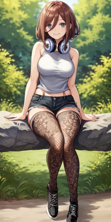 ((full body)), 2d, (beautiful detailed eyes:1.6), extremely detailed face, perfect lighting, extremely detailed CG, (perfect hands, perfect anatomy), masterpiece, best quality, anime, highly detailed, 1girl, solo, cowboy shot, medium hair, nakano miku, brown hair, hair between eyes, , headphones, medium breasts , ((fishnet stockings)), ((naked upper body)), ((short jeans)), ((sitting on rock)), , outdoors, ((wide smile)), ((black converse shoes)), looking at viever