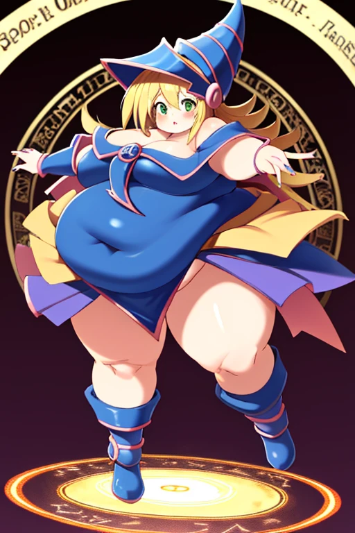 ultra-detailed, extremely detailed, masterpiece, highest quality, best quality, absurdres, highres, dark magician girl, (1girl:1.2), solo, detailed face, dynamic pose, hair flow, (full body:1.1),  blonde hair, big cheeks, long hair, looking at viewer, green eyes, skindentation, detailed skin, skin pores, (shiny skin, glossy skin:1.1), rosy skin details, breasts, nail polish, skirt, blue footwear, blue headwear, wizard hat, wand, holding hat, (blue panties:0.9), (summoning circle:1.1), hexagram, pentacle, pentagram, yu-gi-oh!, duel monster, purple magic field, glow, detailed background, intricate background, obese body, thick thighs