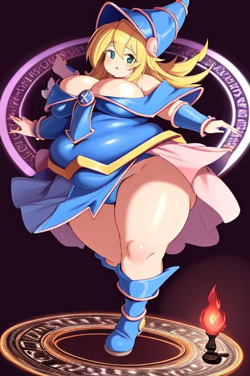 ultra-detailed, extremely detailed, masterpiece, highest quality, best quality, absurdres, highres, dark magician girl, (1girl:1.2), solo, detailed face, dynamic pose, hair flow, (full body:1.1),  blonde hair, big cheeks, long hair, looking at viewer, green eyes, skindentation, detailed skin, skin pores, (shiny skin, glossy skin:1.1), rosy skin details, breasts, nail polish, skirt, blue footwear, blue headwear, wizard hat, wand, holding hat, (blue panties:0.9), (summoning circle:1.1), hexagram, pentacle, pentagram, yu-gi-oh!, duel monster, purple magic field, glow, detailed background, intricate background, obese body, thick thighs