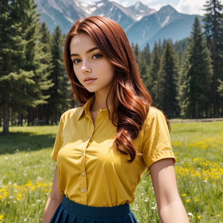 1girl, pretty face, 18 years old, red hair, hair to shoulders, hair curled at the end, hair very neat, yellow shirt, bright yellow button-down top, school girl brown skirt BREAK standing, open meadow, forest, mountains in background