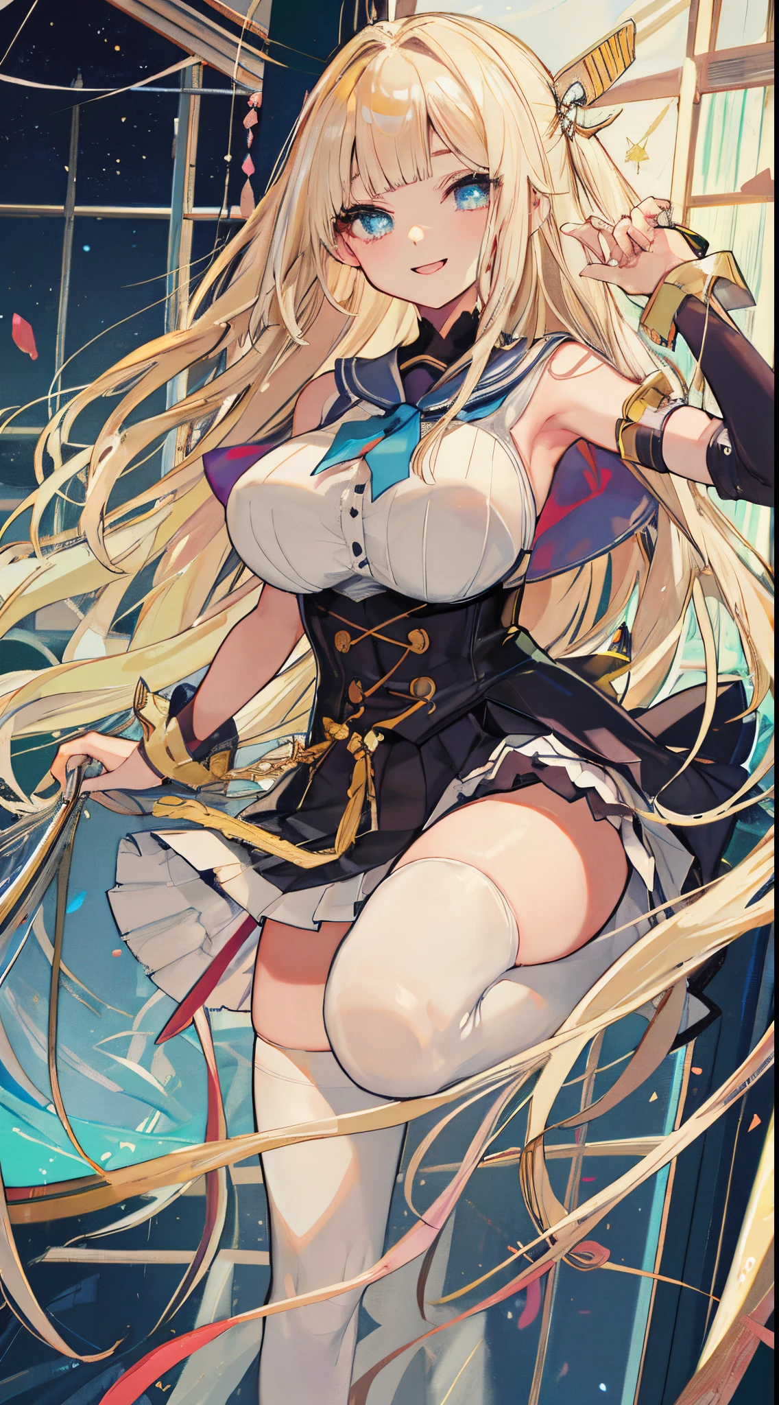 top-quality、realistic touch,high-detail、photoRealstic、Long body、captive beauty、big eye、Colossal tits、Strong platinum blonde eyelashes、platinum-blond、full body Esbian、Sparkling eyes、Submissive smile、Flushed cheeks、Kamimei、thin-waist、Voluptuous thighs、Enraptured look、Raked bangs、The forehead is protruding、Tight sailor uniform、thigh-high socks、sleeveless、Tight skirt with a large slit、A corset that emphasizes your breasts、Shoulder straps integrated with corset、Inside a school classroom