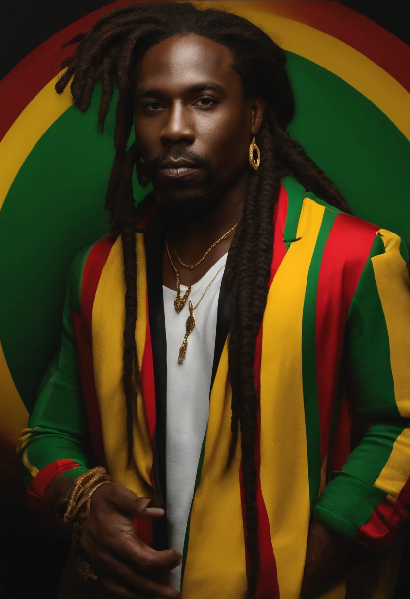 Create a logo with the head of a black man with dreadlocks in black colors, verde, amarelo e vermelho (olhando para a frente) , imagem estilo logomarca , Sober, (fundo preto), Image with resolution of at least 300dpi, UHD 8k, Very high quality for excellent printing. Lighting that highlights the figure in relation to the background, cores do reggae, Estilo da camada de disco