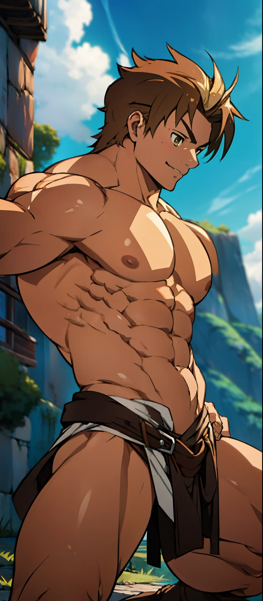 Anime style, side view, super muscular warrior man, wearing a short loincloth, burly body, huge muscles, brown eyes, shirtless, shiny skin, rosy skin, healthy skin, kneel and squat. Photo angle from below. Both hands supported the sword and the ground.