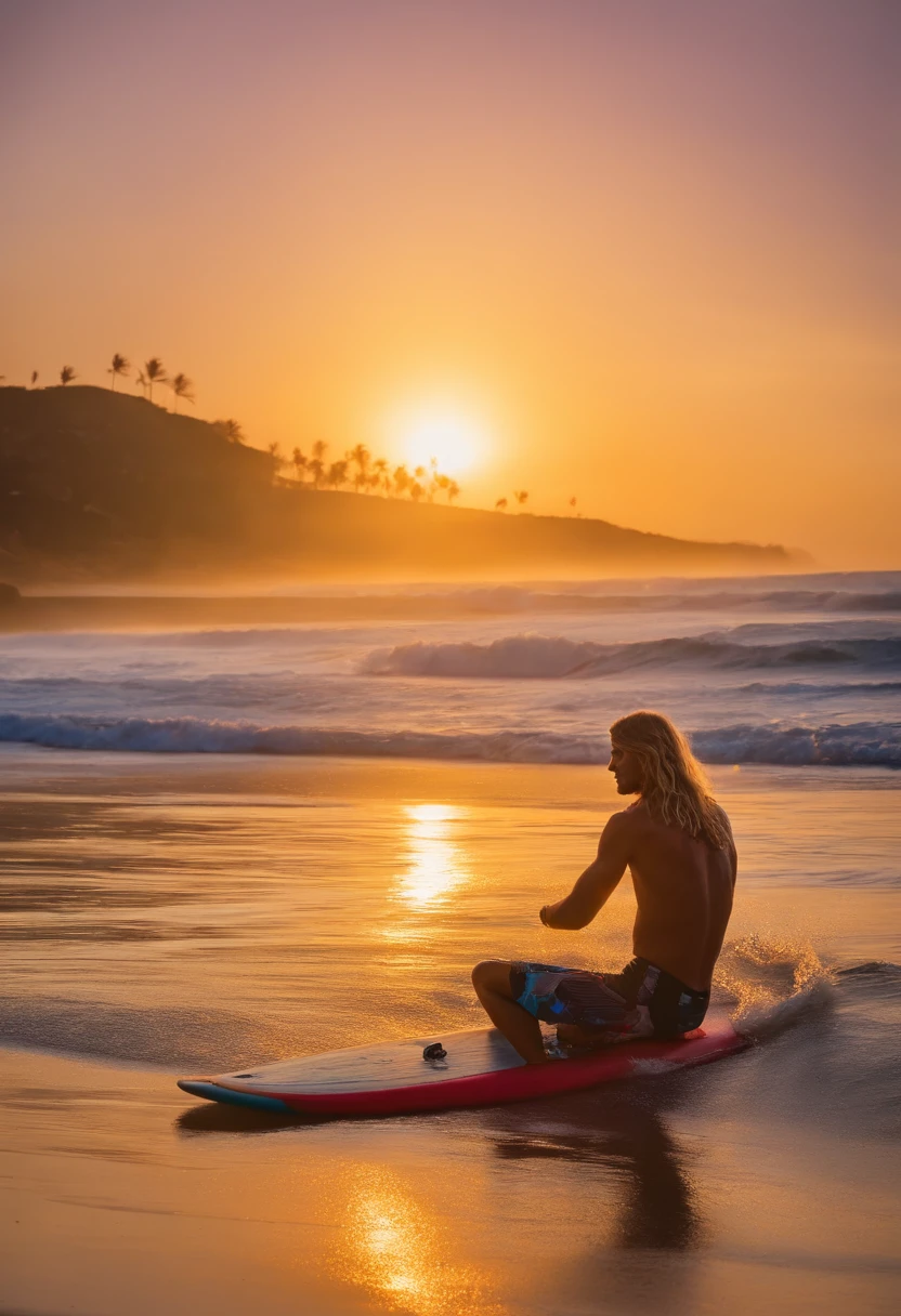 SurferBro sharing a sunrise surf session with pelicans,original,SurferBro has long blonde hair, mid twenties, tan skin, and drop dead handsome. He only wears board shorts and a puka shell necklace , male