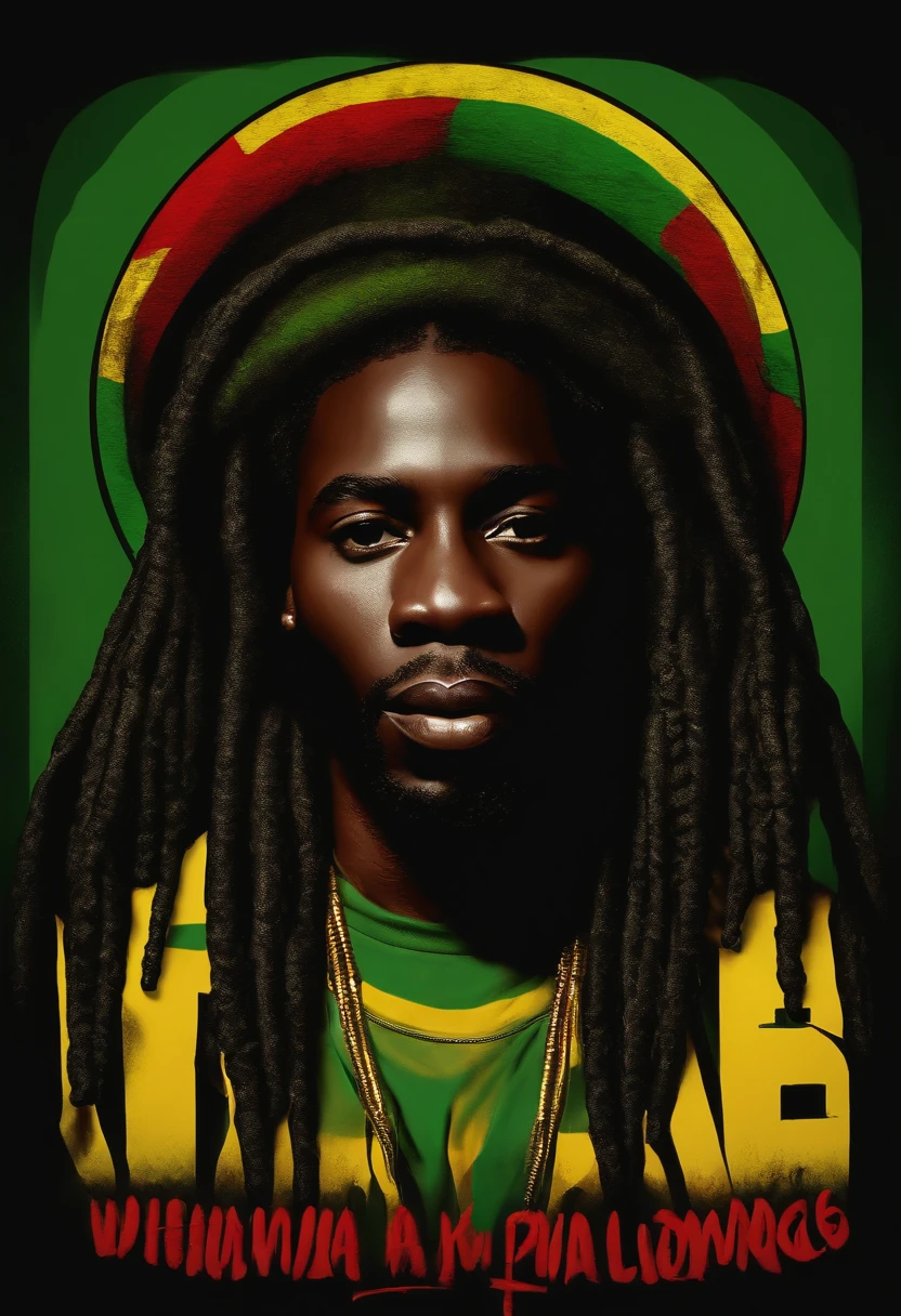Create a logo with the head of a black man with dreadlocks in black colors, verde, amarelo e vermelho (olhando para a frente) , imagem estilo logomarca , Sober, (fundo preto), Image with resolution of at least 300dpi, UHD 8k, Very high quality for excellent printing. Lighting that highlights the figure in relation to the background, cores do reggae,