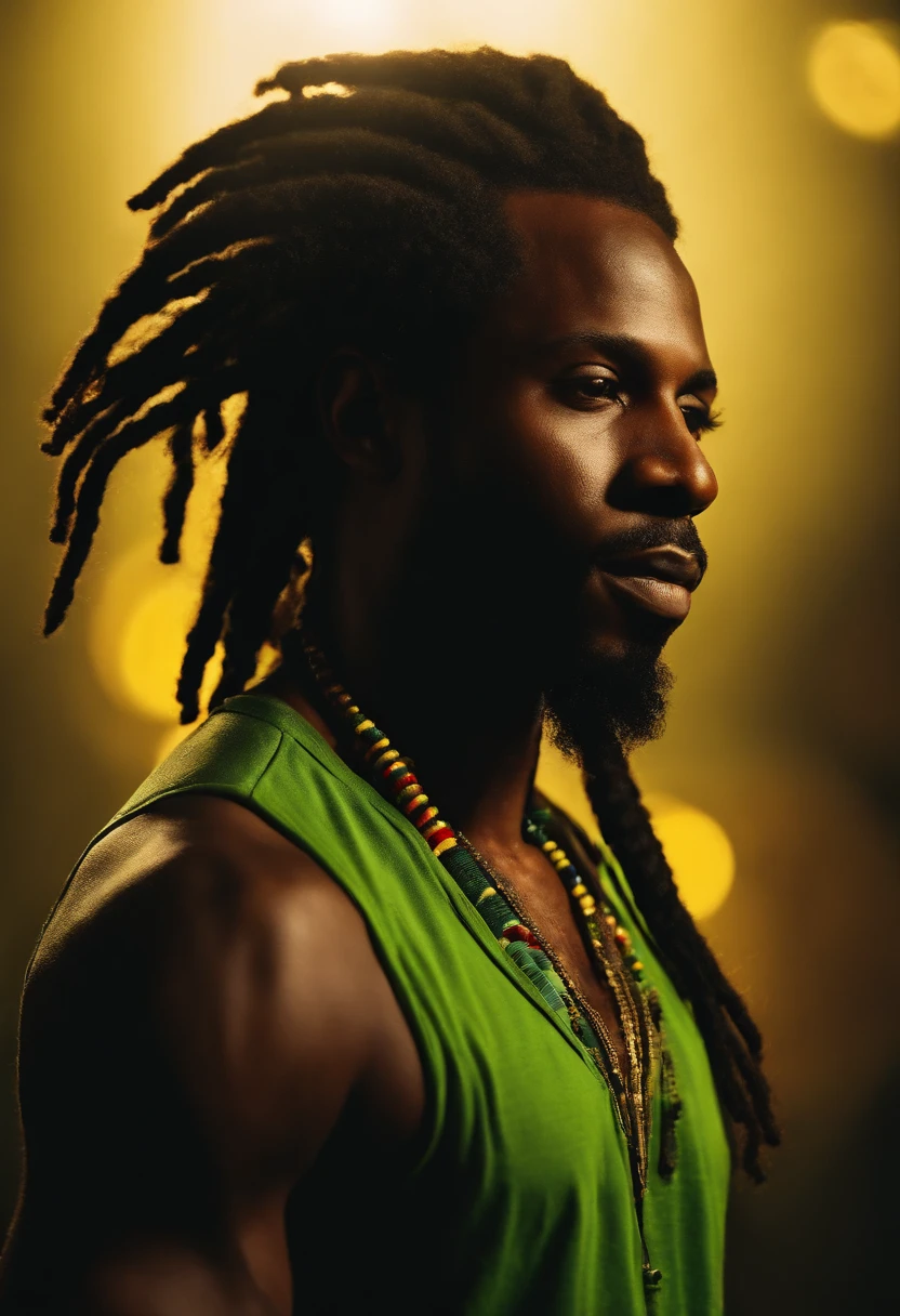 Create a logo with the head of a black man with dreadlocks in black colors, verde, amarelo e vermelho (olhando para a frente) , imagem estilo logomarca , Sober, (fundo preto), Image with resolution of at least 300dpi, UHD 8k, Very high quality for excellent printing. Lighting that highlights the figure in relation to the background, cores do reggae,