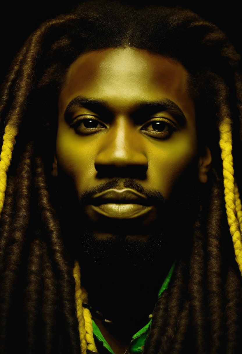 Create a logo with the head of a black man with dreadlocks in black colors, verde, amarelo e vermelho (olhando para a frente) , imagem estilo logomarca , Sober, (fundo preto), Image with resolution of at least 300dpi, UHD 8k, Very high quality for excellent printing. Lighting that highlights the figure in relation to the background, cores do reggae,