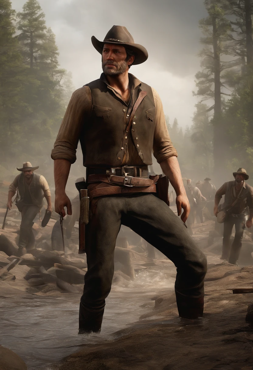 The image is of a group of rescue workers and volunteers clearing debris and providing support in the aftermath of a natural disaster.,Red Dead Redemption 2,Arthur is a tall 36 year old human male with a stocky build. He is 6'3, weighing roughly 230lbs. He had light skin, green eyes, thick brown hair that is kept in a swept back style, and no visible scars aside from a small one on his chin., male