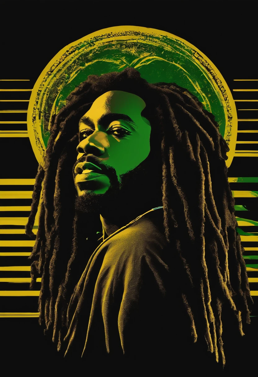 Create a logo with the head of a black man with dreadlocks in black colors, verde, amarelo e vermelho (olhando para a frente) , imagem estilo logomarca , Sober, (fundo preto), Image with resolution of at least 300dpi, UHD 8k, Very high quality for excellent printing. Lighting that highlights the figure in relation to the background, cores do reggae, Estilo da camada de disco