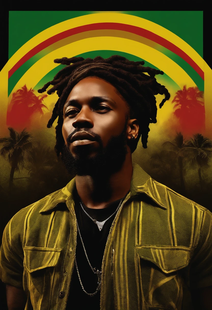 Create a logo with the head of a black man with dreadlocks in black colors, verde, amarelo e vermelho (olhando para a frente) , imagem estilo logomarca , Sober, (fundo preto), Image with resolution of at least 300dpi, UHD 8k, Very high quality for excellent printing. Lighting that highlights the figure in relation to the background, cores do reggae, Estilo da camada de disco