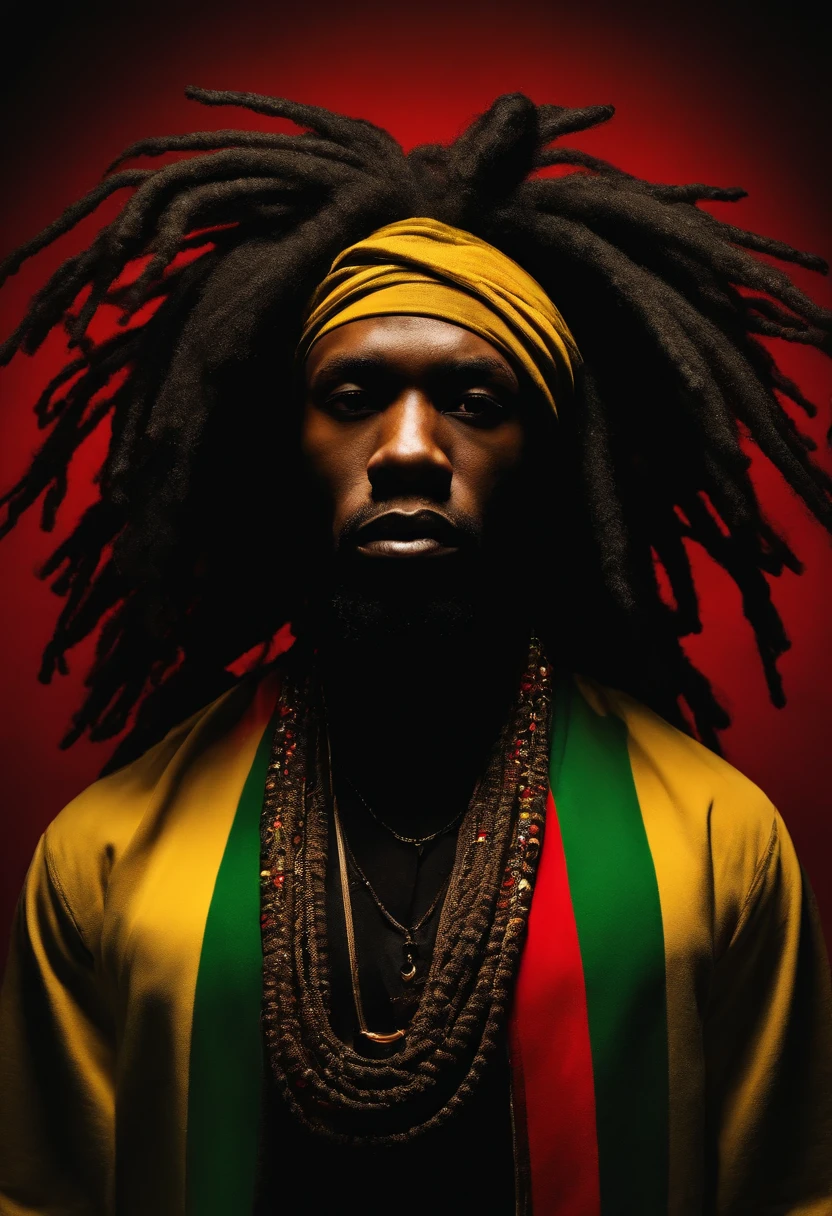 Create a logo with the head of a black man with dreadlocks in black colors, verde, amarelo e vermelho (olhando para a frente) , imagem estilo logomarca , Sober, (fundo preto), Image with resolution of at least 300dpi, UHD 8k, Very high quality for excellent printing. Lighting that highlights the figure in relation to the background, cores do reggae, Estilo da camada de disco