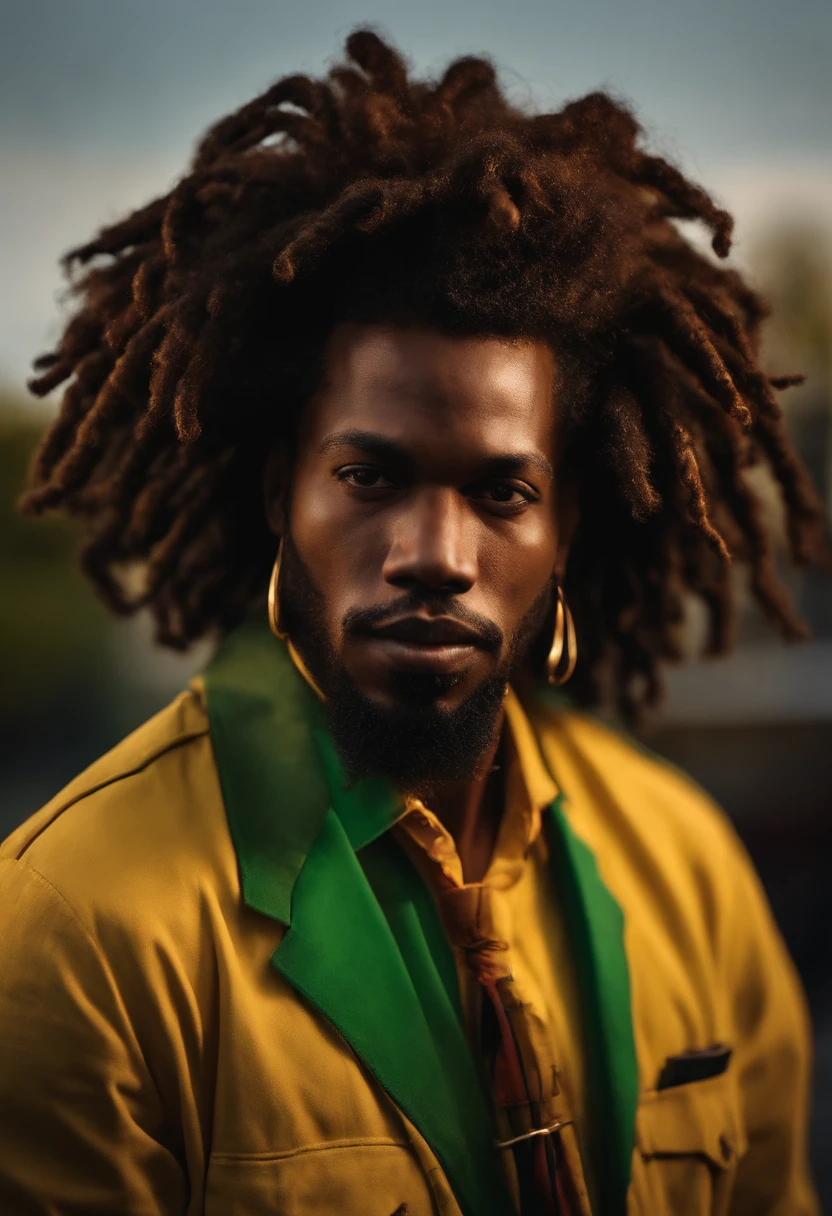 Create a logo with the head of a black man with dreadlocks in black colors, verde, amarelo e vermelho (olhando para a frente) , imagem estilo logomarca , Sober, (fundo preto), Image with resolution of at least 300dpi, UHD 8k, Very high quality for excellent printing. Lighting that highlights the figure in relation to the background, cores do reggae, Estilo da camada de disco