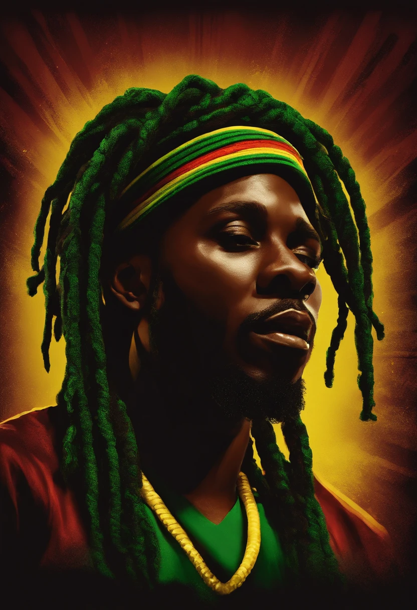 Create a logo with the head of a black man with dreadlocks in black colors, verde, amarelo e vermelho (olhando para a frente) , imagem estilo logomarca , Sober, (fundo preto), Image with resolution of at least 300dpi, UHD 8k, Very high quality for excellent printing. Lighting that highlights the figure in relation to the background, cores do reggae, Estilo da camada de disco