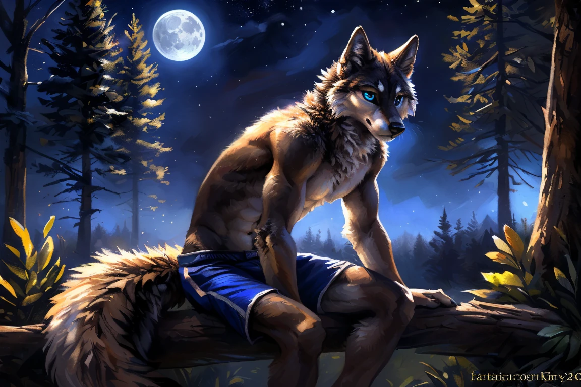 ((Solo)), male people, anthro wolf, (Multi-colored fur, White-brown:1.3, White tail pointed), (Height 2.1 meters,Tail length 1.5m), ((Wolf face, Big eyes, White eyelids, Blue pupil, Slim:1.2) (Tough, Calm expression:1.2)), Abs, Slim, pinging)), (Correct body anatomy), (Work shorts:1.1), The upper body is naked, (detailed outfits),A long big tail,(Realistic fur, Detailed fur texture, labeled:1.3)), (Natural lighting), Photorealistic, Hyperrealistic, ultradetailed, by Kenket,the night,Sit alone,Forest,Look at the full moon,It was dark,Starry