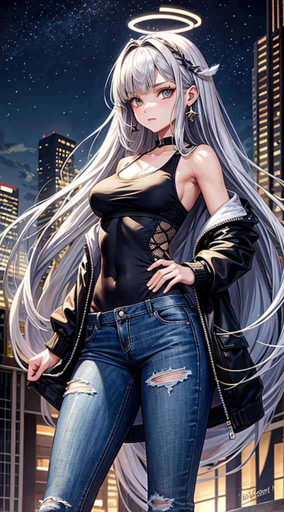Character Details: - Gender: 1 Girl.
- Style: Anime - Body Type: Attractive body, slim body, nice leg, slim tights, nice arms, nice shoulder. - Breast: Medium Breast.
- Facial Features: Beautiful, Gorgeous, Teenager, Fresh, Young.
- Expression: Flat, Serious Look. - Hairstyle: Blunt Bangs, Long Hair. - Hair Color: Grey Hair.
- Clothing: Tank Top, Jeans, Jacket. - Body Pose: Standing
- Hand Pose: Hands in Jacket Pocket
- Behaviour: Cautious
- Accessories: Halo Crown, Hair Piece, Earrings, Straps, Bandage, Black Wings, Feathers. Environmental Details: - Setting: Night City, Roof Top, Night Sky, Big Moon, Light Ray, Particles, Star. - Lighting: Natural Moon Light, - Decoration: City View, Buildings, Trees, Lamps, Bokeh. Artistic Style and Quality: - Masterpiece, top quality, best quality, official art, beautiful, and aesthetic:1.2 - Fractal art:1.1, Colorful:1.1, Highest detailed:1.2, Zentangle:1.2 - Crisp details, Sharp lines, Rich textures, Fine craftsmanship:1.3 - High resolution, Meticulous rendering:1.2
