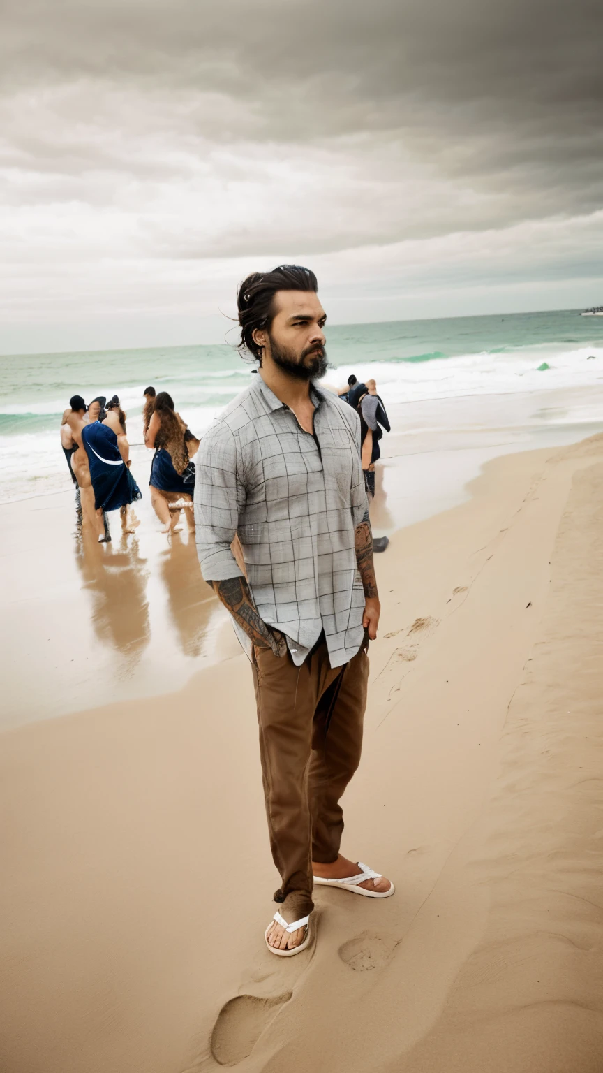 Masterpiece,Row photo,a man with a tattoo walking down a sidewalk on the sand at the beach, jason momoa, wearing a muscle tee shirt, wearing pants and a t-shirt, mid-shot of a hunky, he is a brown hairstyles ,tshirt, masculine and rugged, jason momoa as assyrian, colin farrell, with a beard and a Gray shirt, Boot, pants, full body shoot, photography, details,8K, details skin,((full body)), look like a realstice face