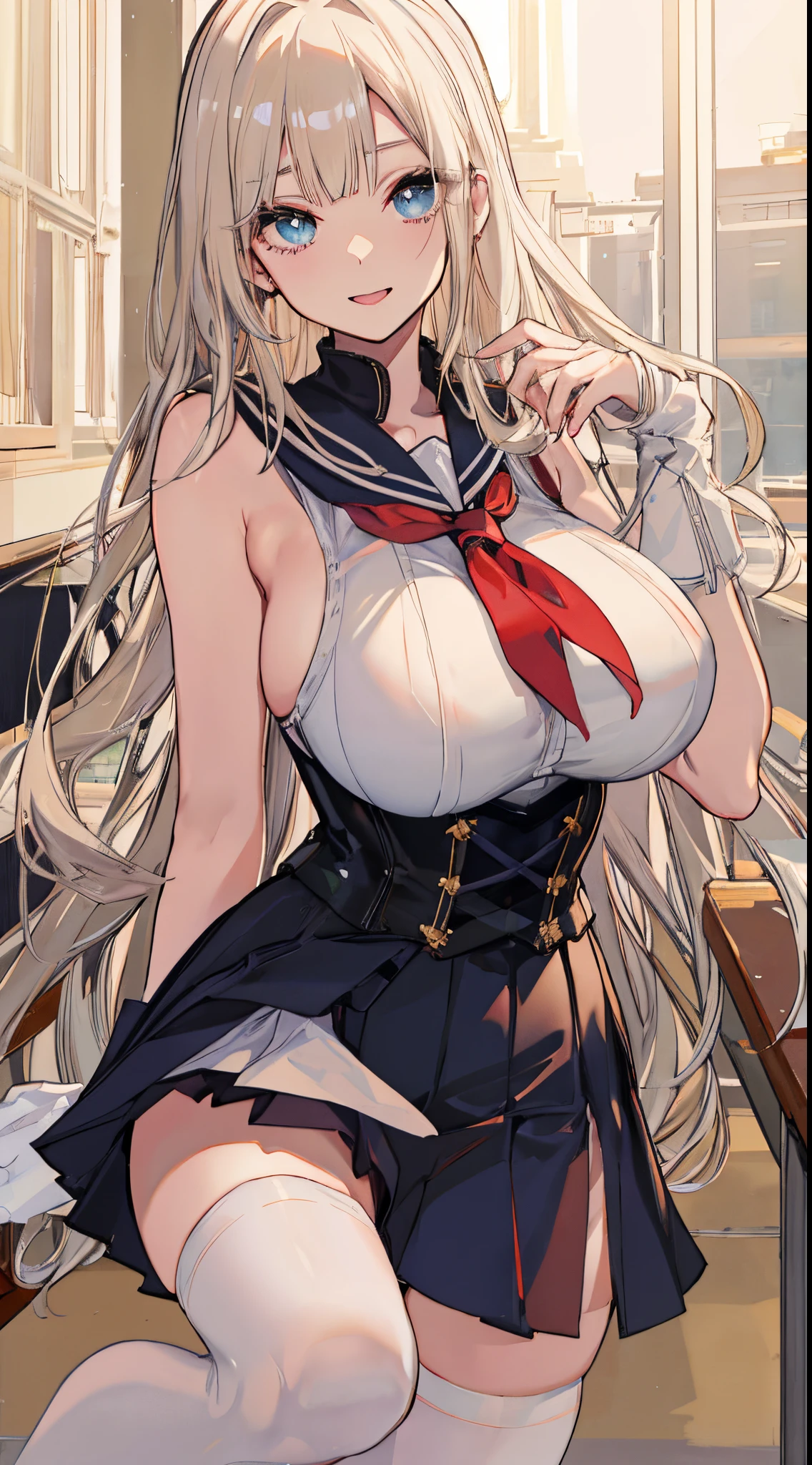 top-quality、realistic touch,high-detail、photoRealstic、Long body、captive beauty、big eye、Colossal tits、Strong platinum blonde eyelashes、platinum-blond、full body Esbian、Sparkling eyes、Submissive smile、Flushed cheeks、Kamimei、thin-waist、Voluptuous thighs、Enraptured look、Raked bangs、The forehead is protruding、Tight sailor uniform、thigh-high socks、sleeveless、Tight skirt with a large slit、A corset that emphasizes your breasts、Shoulder straps integrated with corset、Inside a school classroom