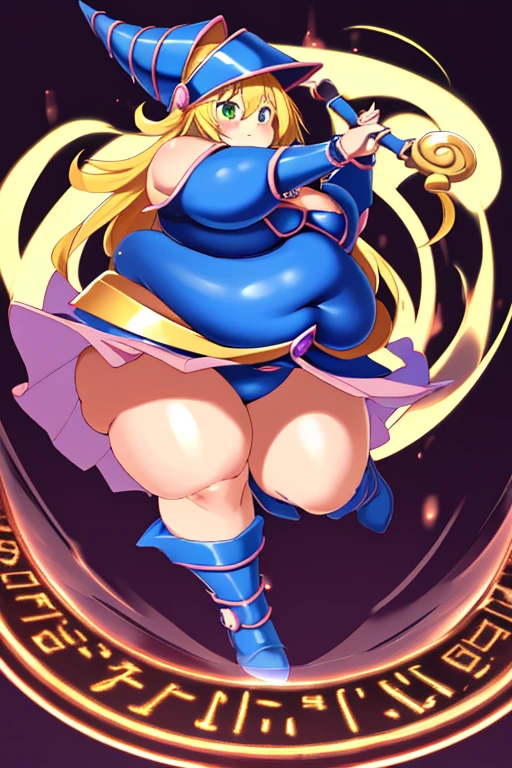 ultra-detailed, extremely detailed, masterpiece, highest quality, best quality, absurdres, highres, dark magician girl, (1girl:1.2), solo, detailed face, dynamic pose, hair flow, obese body, thick thighs, (full body:1.1), blonde hair, big cheeks, long hair, looking at viewer, green eyes, skindentation, detailed skin, skin pores, (shiny skin, glossy skin:1.1), rosy skin details, breasts, nail polish, skirt, blue footwear, blue headwear, wizard hat, wand, holding hat, (blue panties:0.9), (summoning circle:1.1), hexagram, pentacle, pentagram, yu-gi-oh!, duel monster, purple magic field, glow, detailed background, intricate background