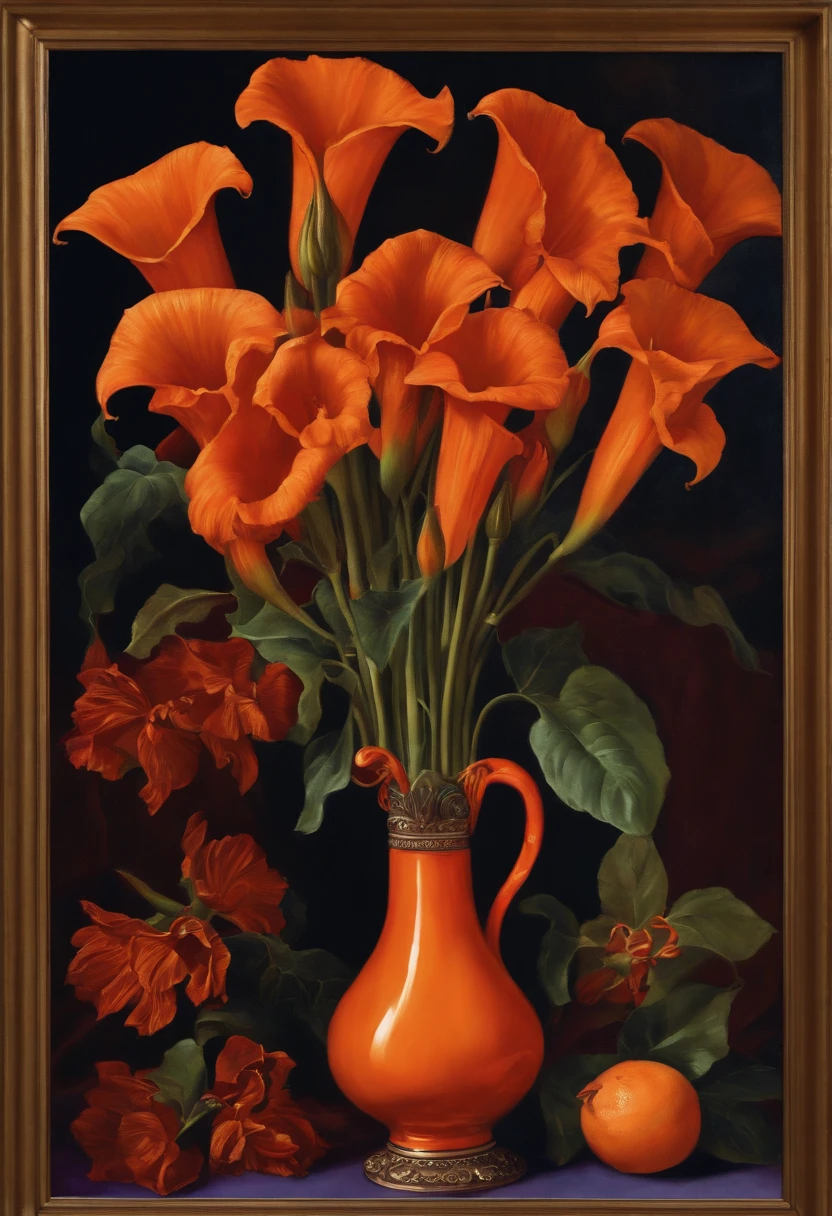 The King of Hell thoughtfully arranging a bouquet of deep violet and fiery orange devil's trumpet flowers in a sapphire vase.,original,the devil, male