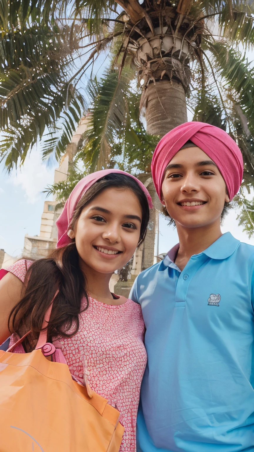 A girl in pink top with Macdonald bag and a boy with sky blue shirt with hot pink turban with smiling faces of both