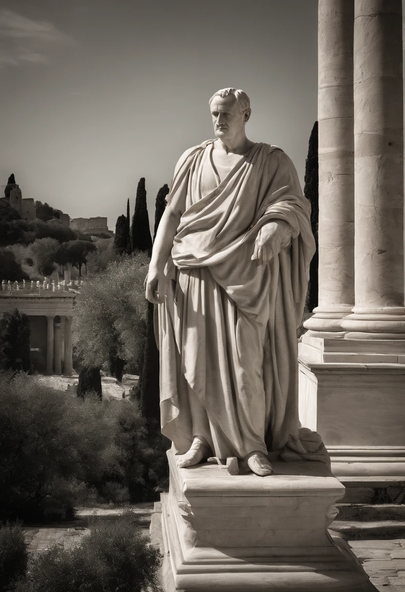 An image of Marcus Tullius Cicero engrossed in a deep philosophical discussion with esteemed philosophers in the Forum Romanum.,original,Marcus Tullius Cicero has a slender and tall build with a prominent forehead and high hairline. He has a long, thin face, a straight nose and a sharp chin. He has expressive and animated facial expressions. Meticulous in his appearance. Often wears a Roman Toga. He pays attention to his hair and beard. , male