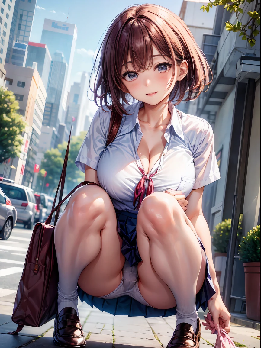 I'm a girl in a high school uniform、Blue Check Pleated Skirt、White shirt with short sleeves、Red ribbon on chest、Shy laughter、Middle Shorthair,brunette color hair,medium breast size、school classrooms、early evening、Black loafers、Positive perspective,Turn to the viewer,face to the viewer,Full body photo,perfect hand,perfect body type,With perfect legs,perfect foot,Transparent pubic hair,Legs wide open,squatt,cleavage,Type M,Hug your knees,Hold your legs,focus-on feet,bend knee,Knees,low chest,cropped shoulders,Squatting Pose、a pale pink panty